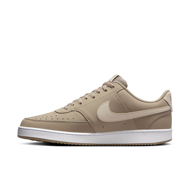 Men's low-top sneakers, tan panels with white swoosh and lace-up front