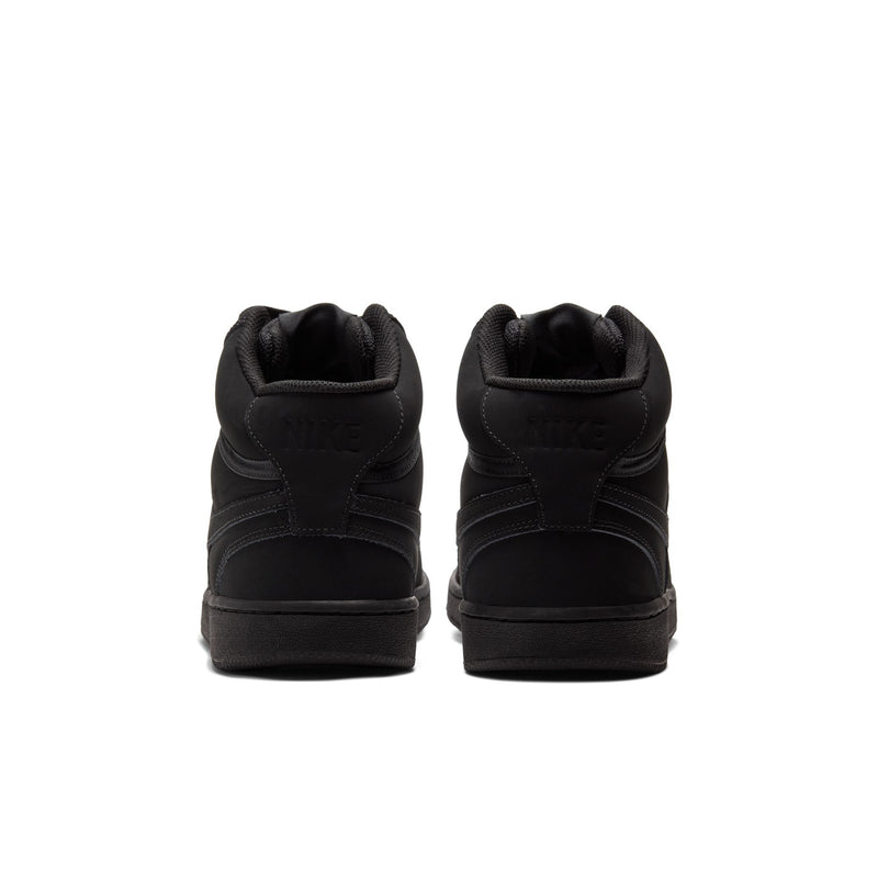 Men's black mid-top sneakers, rear view with padded heel and collar