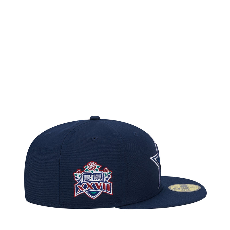 Navy baseball cap with colorful Super Bowl XXVII front patch and flat brim