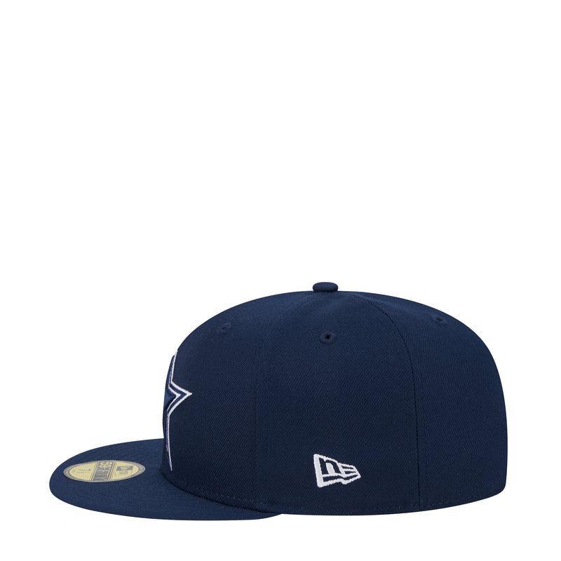 Navy baseball cap with New Era NE logo on side and flat brim