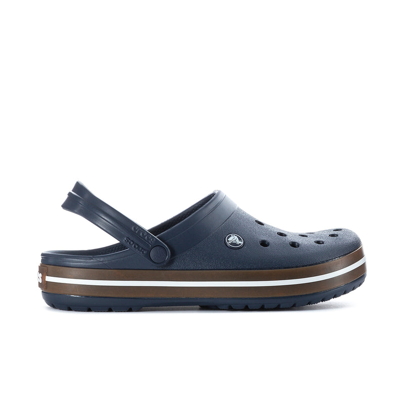 Navy rubber clog with adjustable heel strap and vent holes, white-brown trim