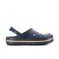 Navy rubber clog with adjustable heel strap and vent holes, white-brown trim