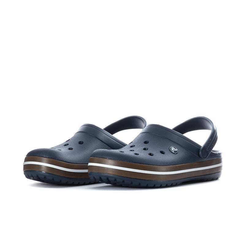 Navy rubber clogs with heel strap and perforated upper, twin-tone outsole trim