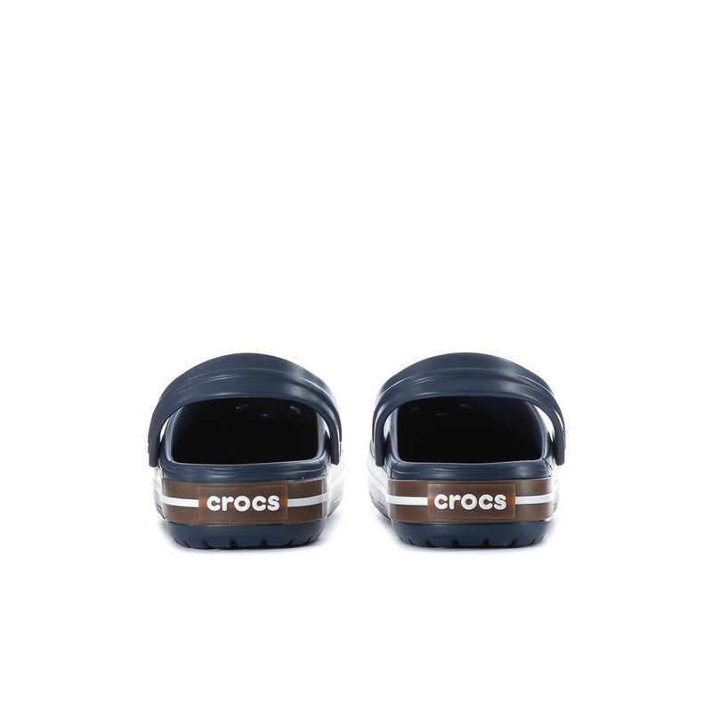 Navy Crocs clogs with heel strap and treaded back, twin-tone sole with Crocs badge