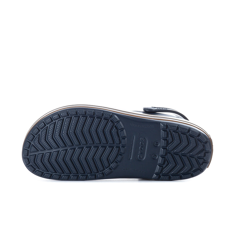 Navy rubber clog outsole view with deep tread grooves for traction