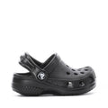 Infant black slip-on clog with perforated upper and adjustable heel strap, Crocs logo
