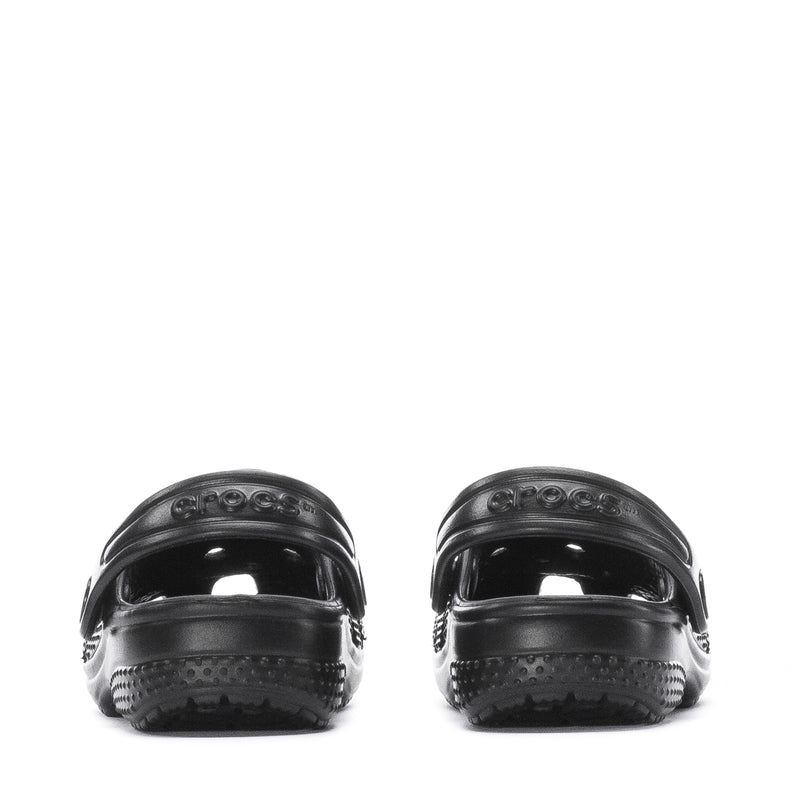 Infant black clogs, rear view with glossy heel panels and molded tread