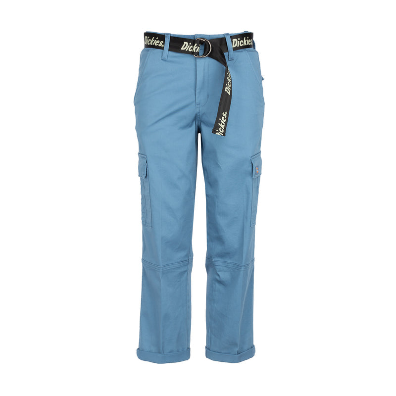 Women's cropped cargo pants, light blue with cargo pockets and belt loops