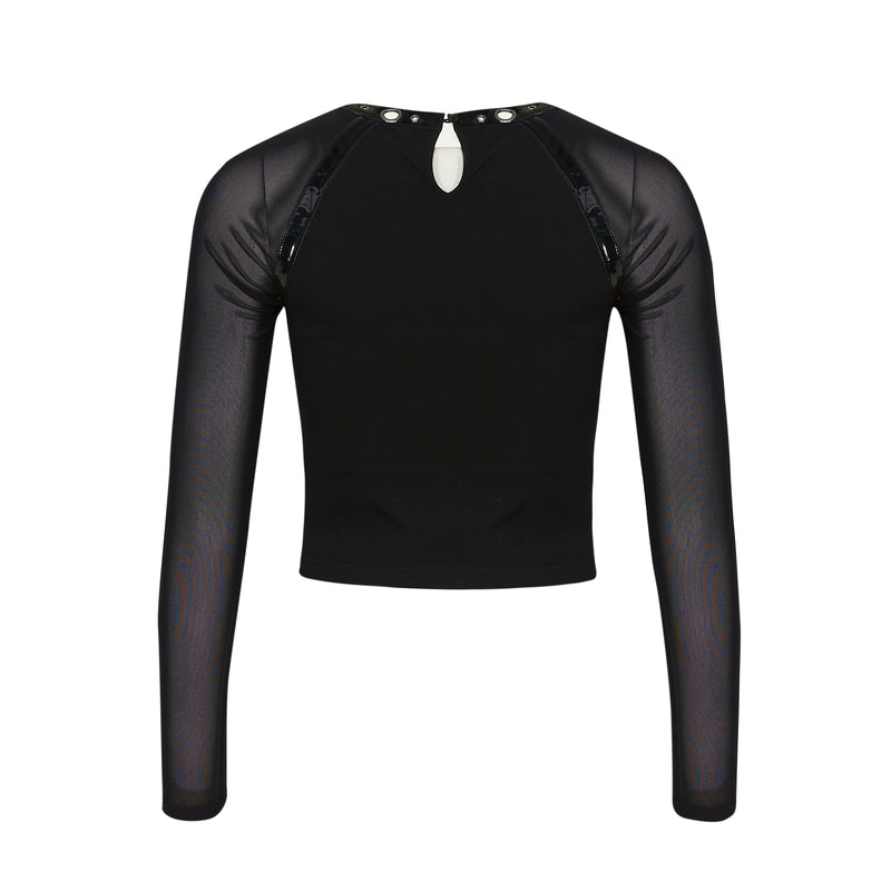 Black long-sleeve top with mesh panels on a white background