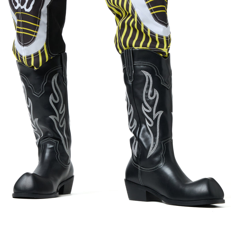 Black cowboy boots with white designs on a white background