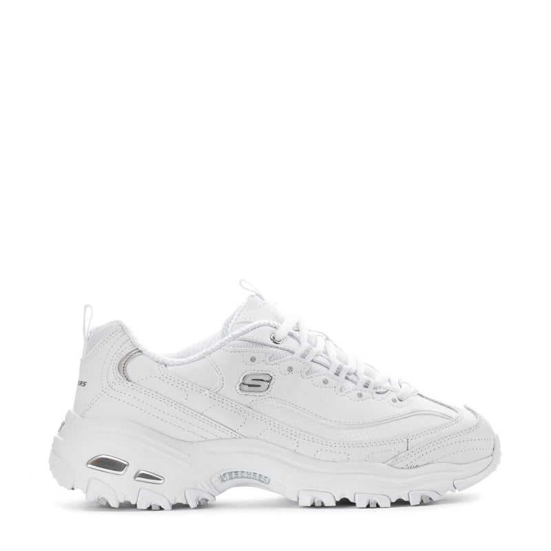 White lace-up athletic sneakers with chunky sole and S logo, wide fit