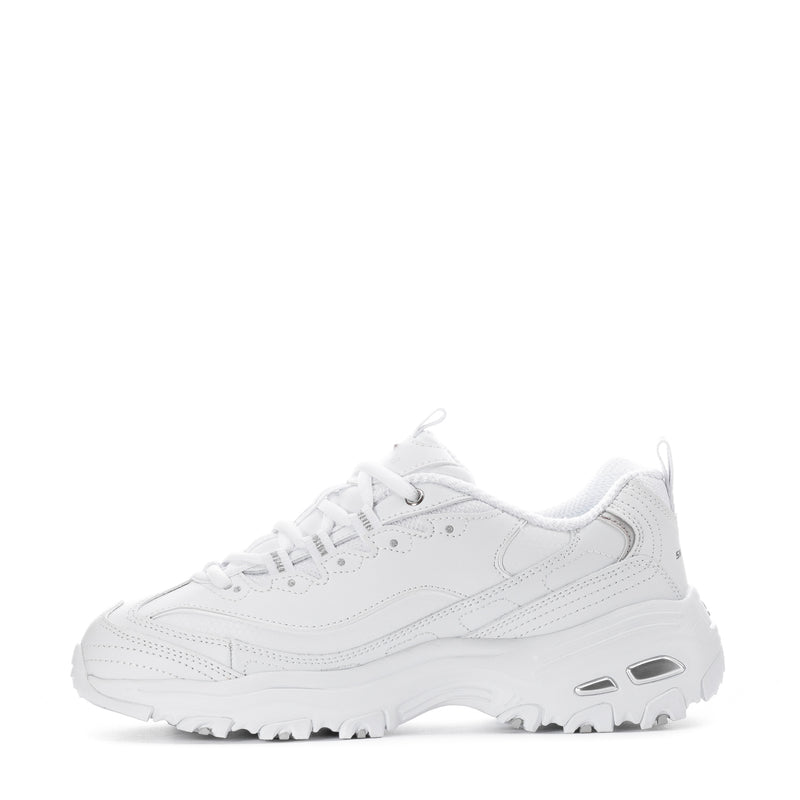 White lace-up athletic sneakers with padded collar, mesh panels, chunky tread