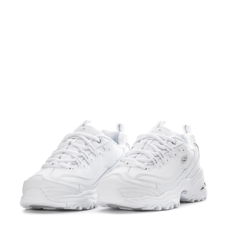 White lace-up athletic sneakers with chunky outsole, padded tongue, front laces