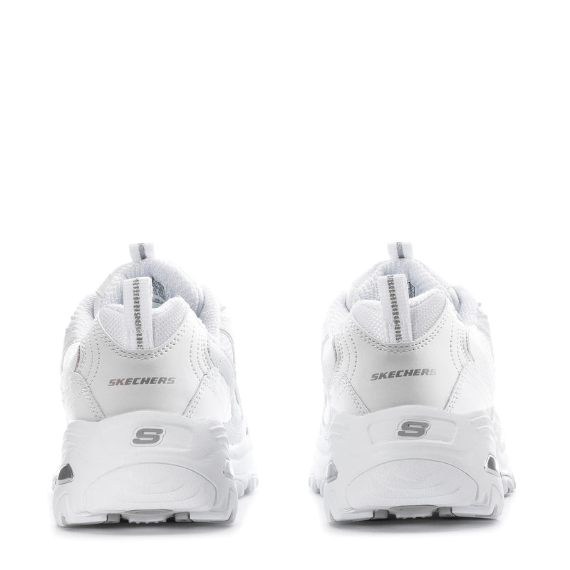 White sneakers back view with S logo on heel, cushioned back tab, chunky outsole