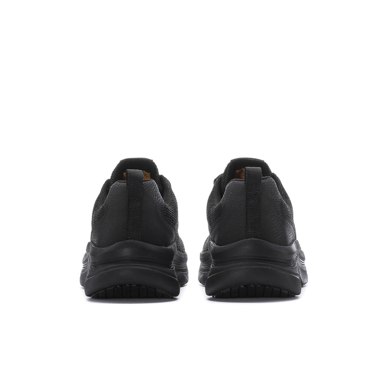 Men's black walking shoes heel view with padded collar and molded outsole tread