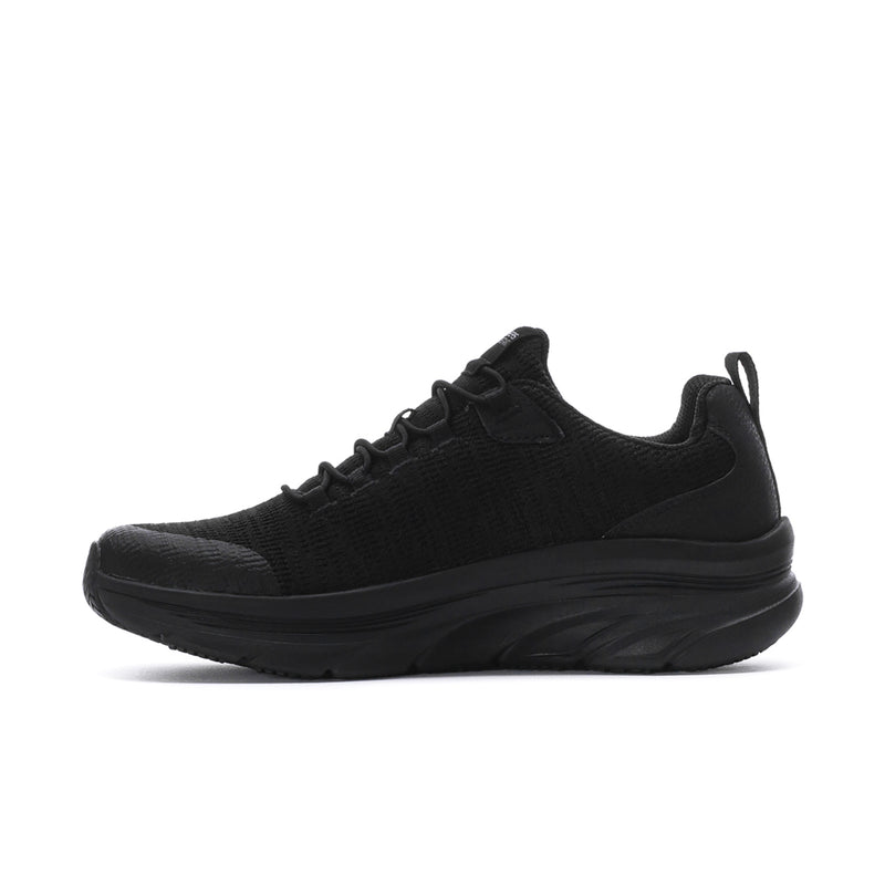 Men's black lace-up walking shoe side view with breathable knit texture