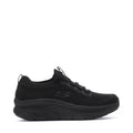 Women's black wide knit walking sneaker with lace-up and cushioned sole