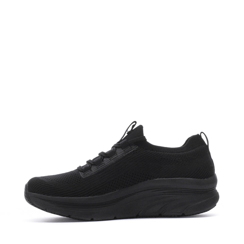 Women's black wide lace-up knit walking sneaker, side view with thick midsole