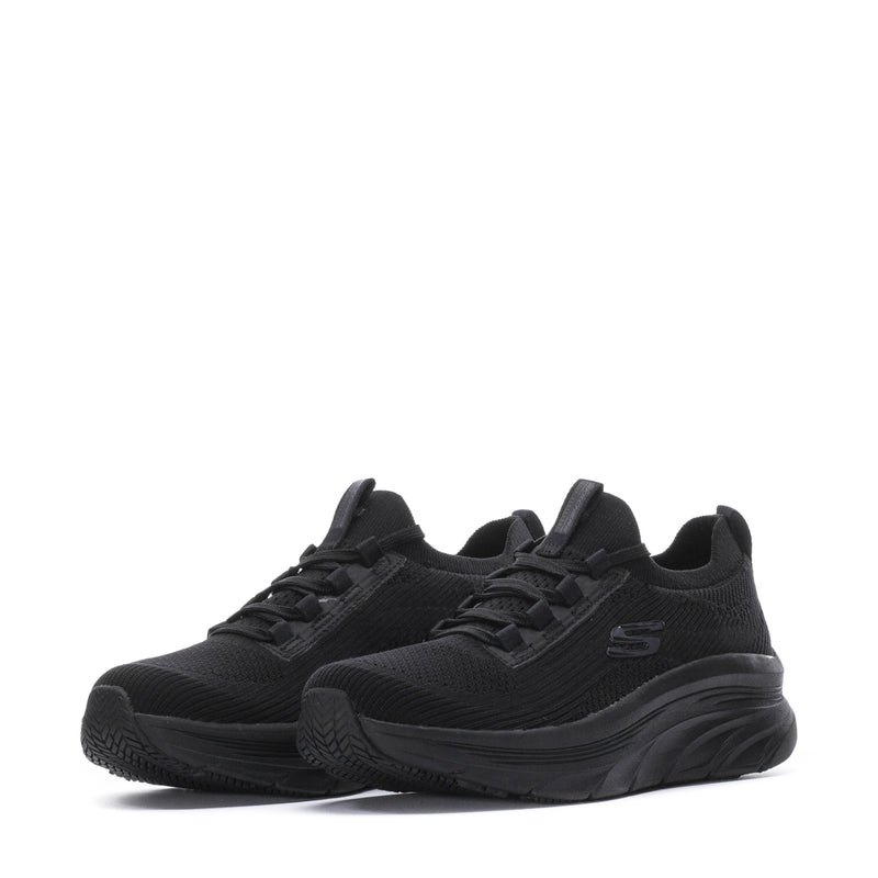Women's black wide knit walking sneaker pair, angled view with textured uppers