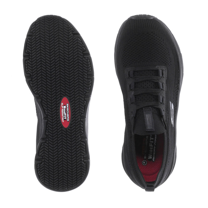 Women's black wide sneaker outsole and inside panel, lace-up shoe detail