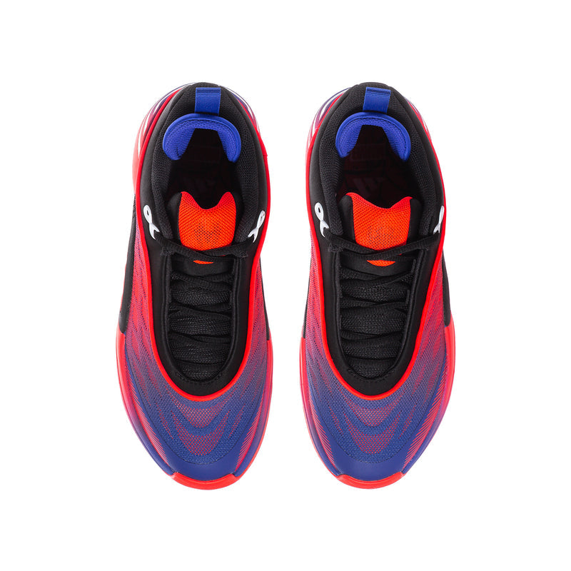 Pair of youth basketball shoes, black uppers with red and blue toe and laces