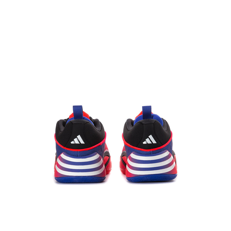 Back view of youth basketball sneakers with black heel, red trim, and blue stripes