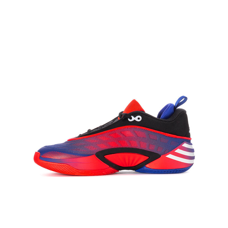 Side view of youth basketball shoe with red front, blue accents, and black upper