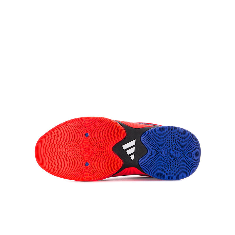 Outsole of youth basketball shoes in red and blue with patterned traction tread