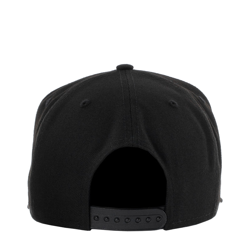 Black baseball cap with snapback strap and open back panel
