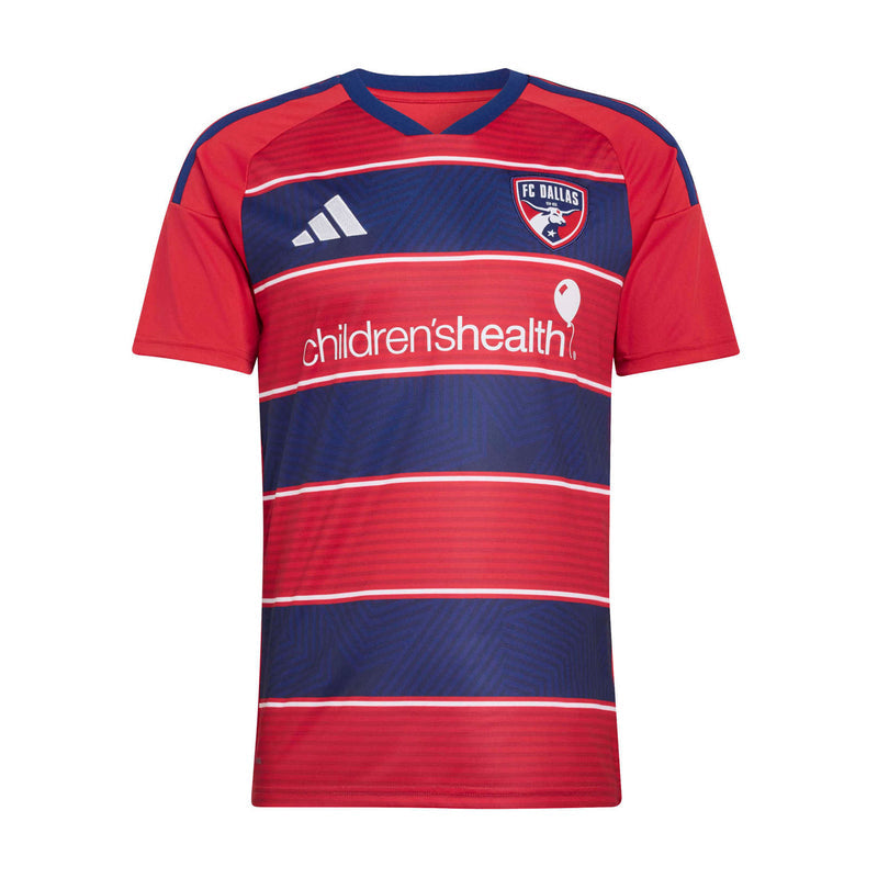 Men's red and navy striped soccer jersey, V-neck with FC Dallas crest and children'shealth