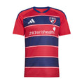 Men's red and navy striped soccer jersey, V-neck with FC Dallas crest and children'shealth