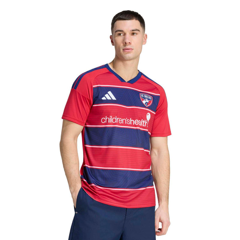 Men's red and navy striped soccer jersey with V-neck and FC Dallas crest, front view