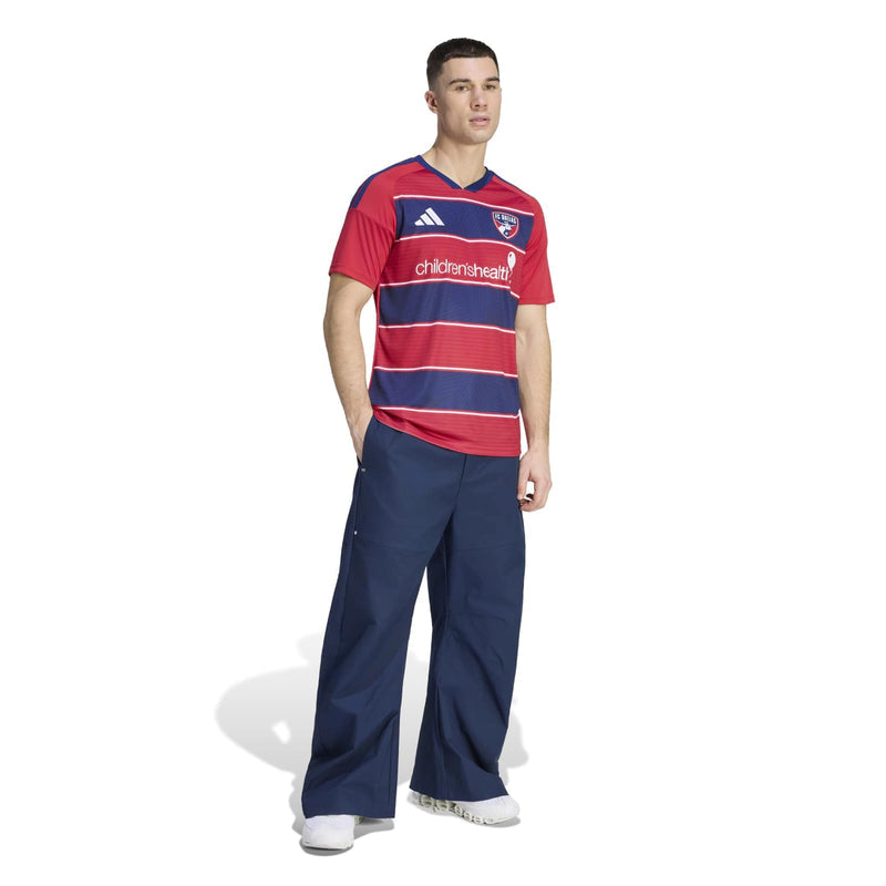 Men's red and navy striped soccer jersey, V-neck front view with FC Dallas crest