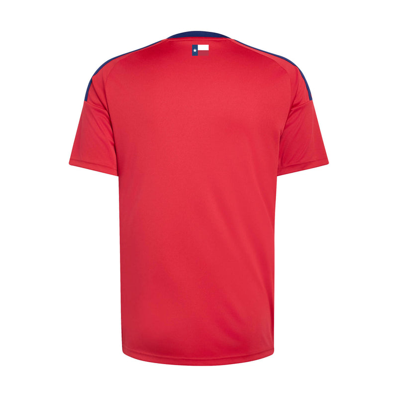 Men's red soccer jersey back, V-neck collar with small flag logo at upper center