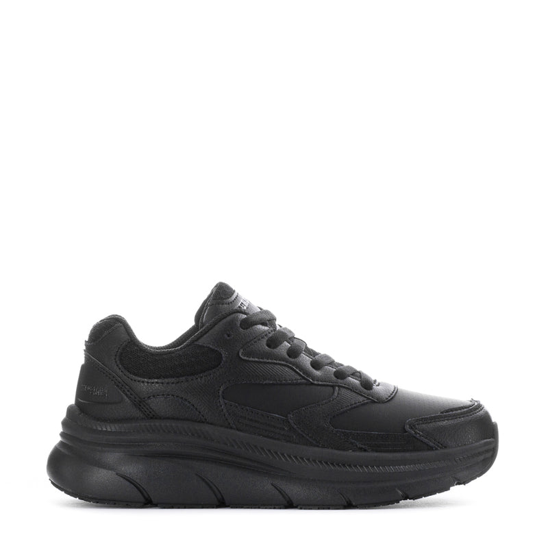 Black slip-resistant women's lace-up sneaker with thick cushioned sole