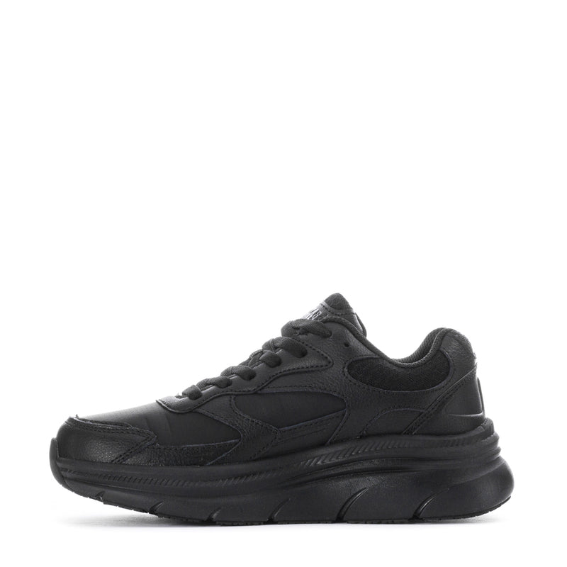 Black slip-resistant women's lace-up sneaker, side view with textured midsole
