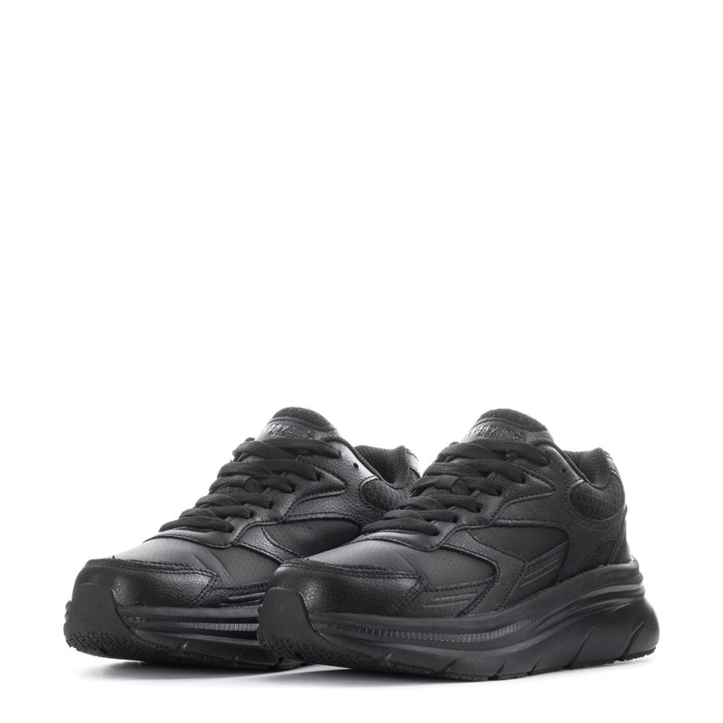 Black slip-resistant women's sneakers, front-to-front view with lace details