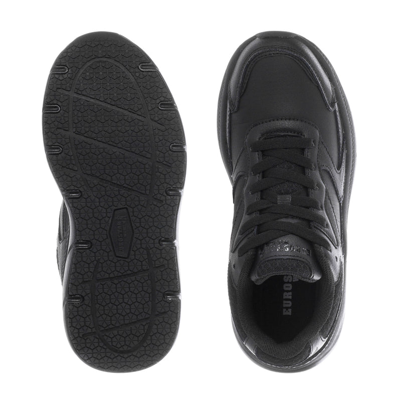 Black slip-resistant sneakers showing tread outsole and padded tongue/eyelets