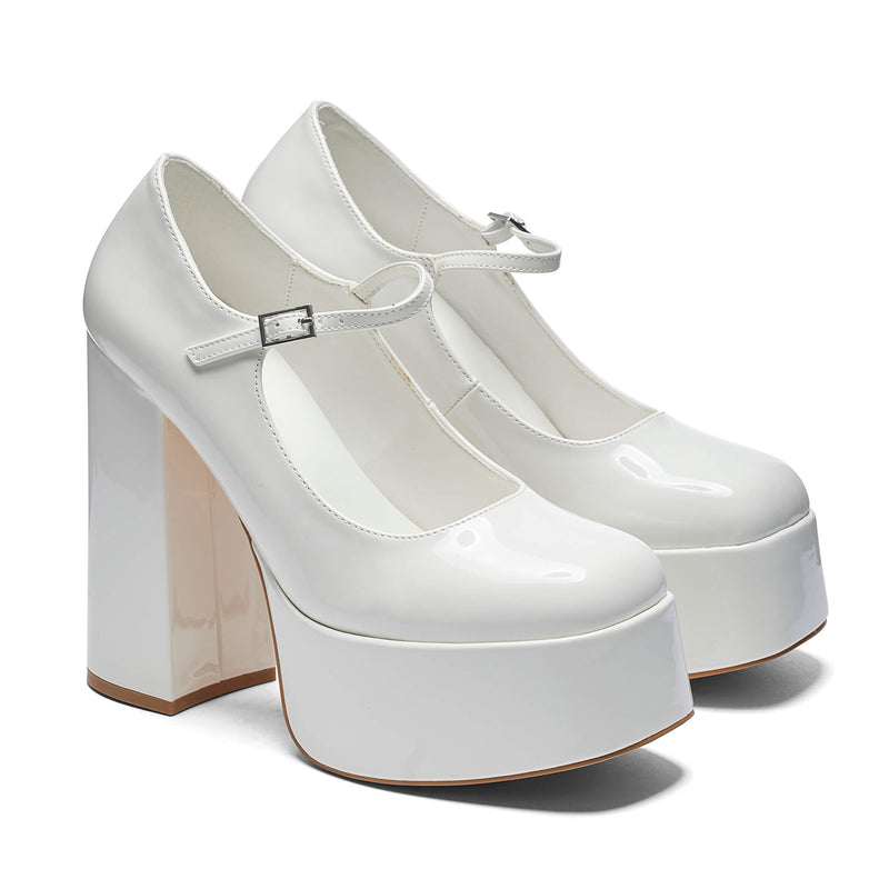 Darkbloom White Patent Chunky Platform Heels - Shoes - KOI Footwear - White - Three-Quarter View