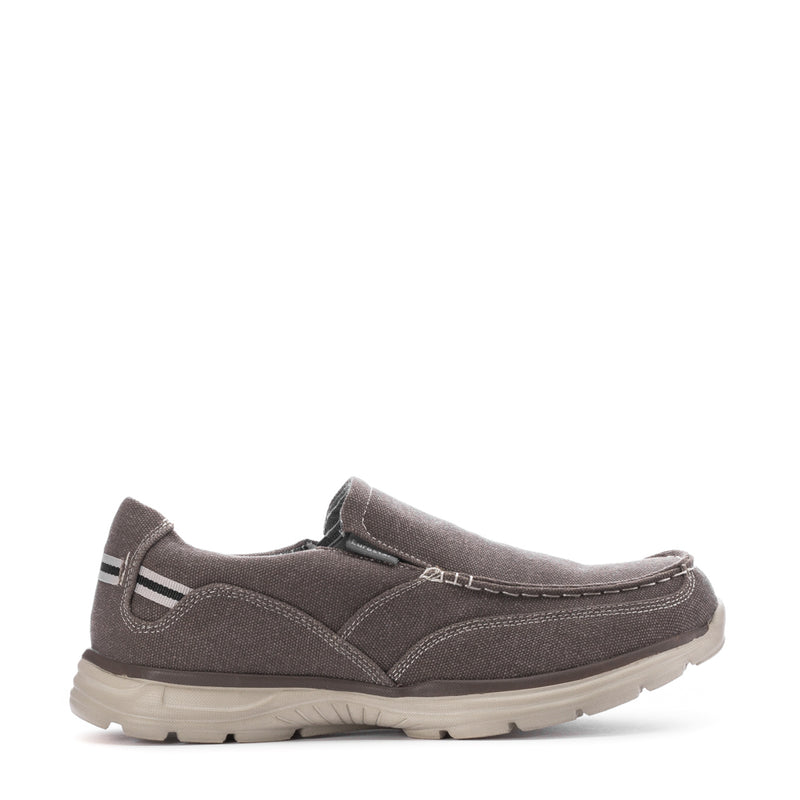 Dark grey men's slip-on casual shoes with elastic gore and padded collar