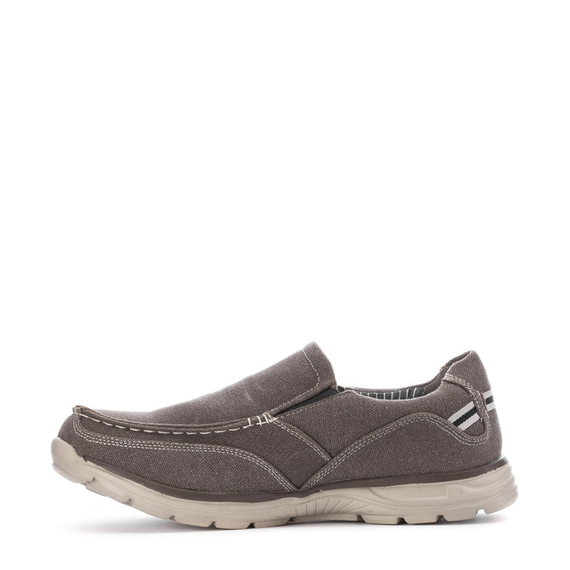 Dark grey men's slip-on casual shoes, rounded toe and contrast stitch detailing