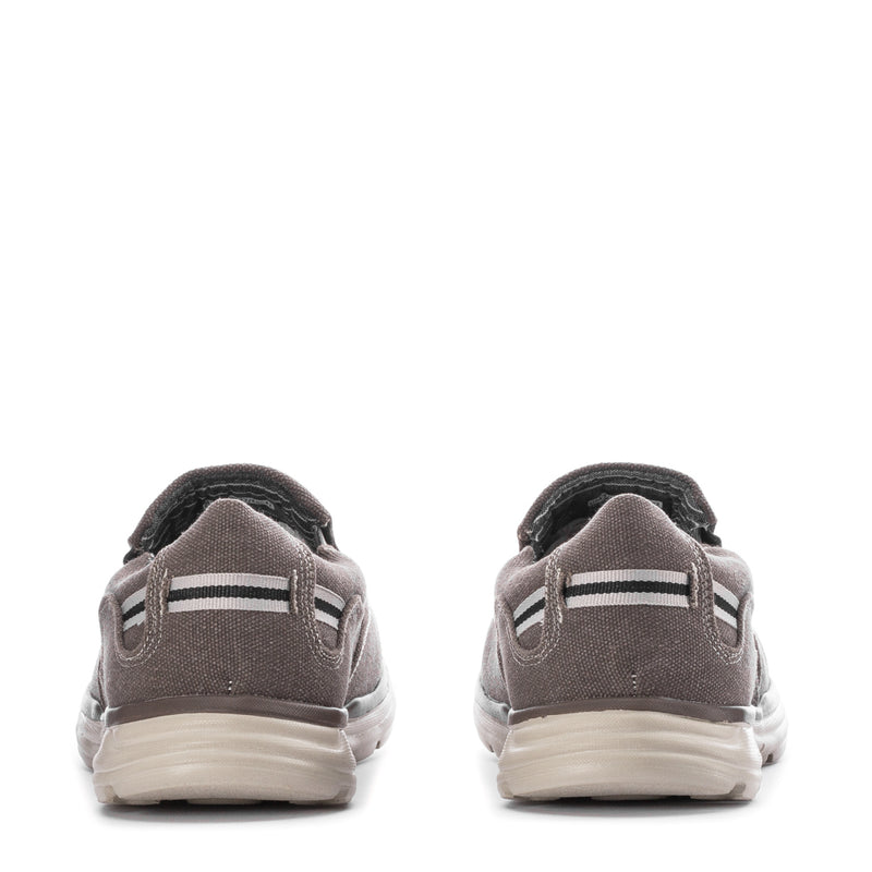 Dark grey men's slip-on shoes, heel view with striped pull tab and cushioned sole