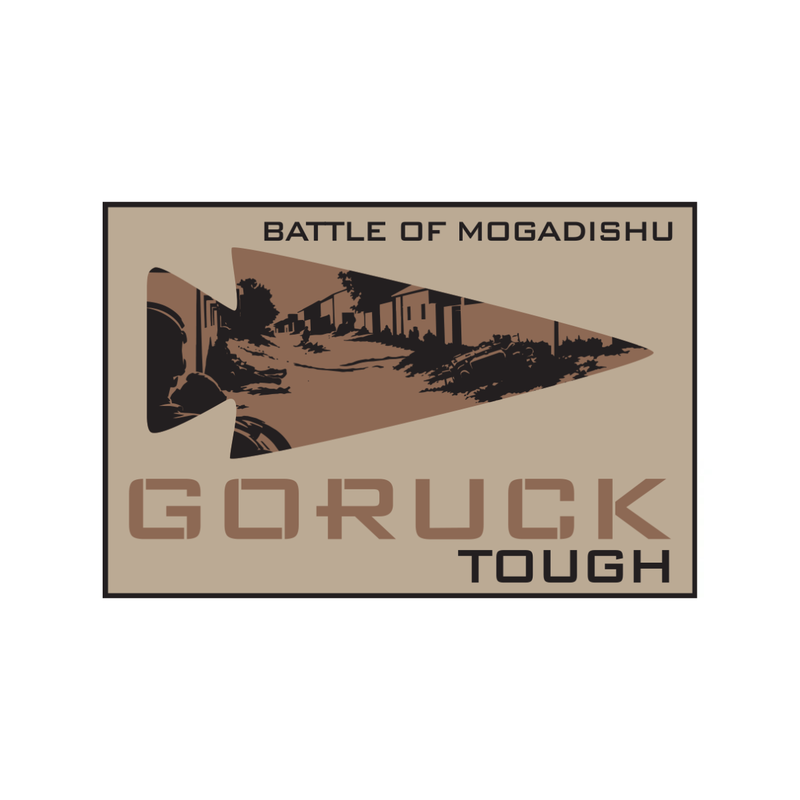 Patch featuring "BATTLE OF MOGADISHU," an arrowhead, cityscape, and "GORUCK TOUGH" text in brown tones—a tribute to Task Force Ranger and the legendary GORUCK event, the Day of the Ranger - Double Tough.