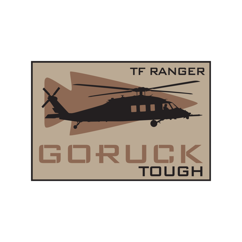 Black helicopter silhouette with "TF RANGER" and "GORUCK TOUGH" text on a tan background, the Day of the Ranger - Double Tough patch honors Task Force Ranger and their bravery during the Battle of Mogadishu—perfect for any GORUCK event.