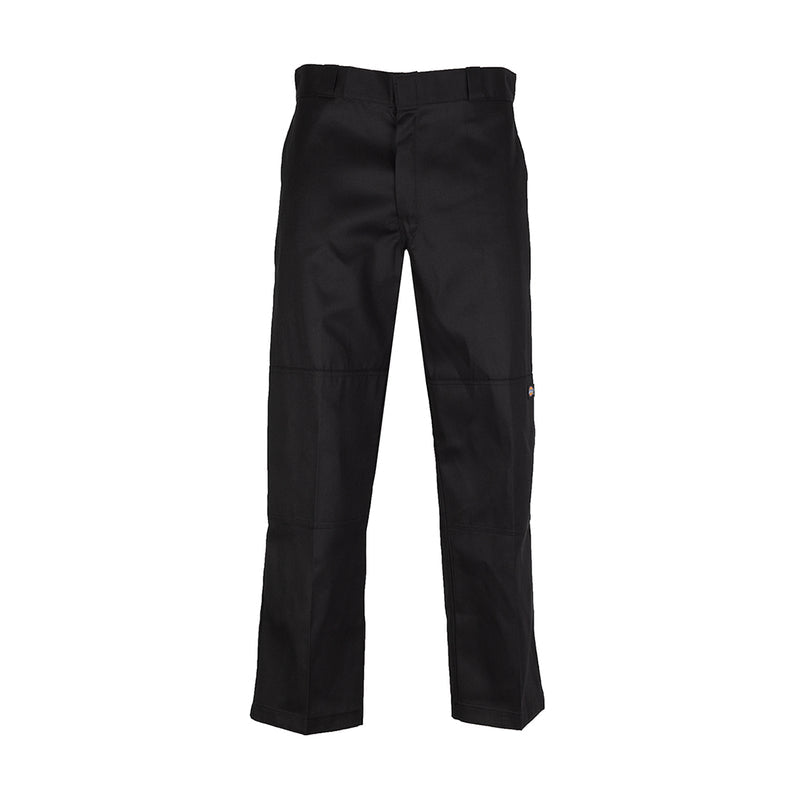 Men's black work pants with reinforced knee panels and straight legs