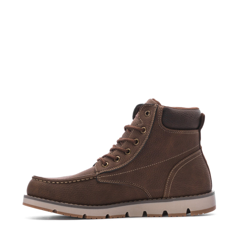 Men's brown leather lace-up chukka boot, side profile with textured sole