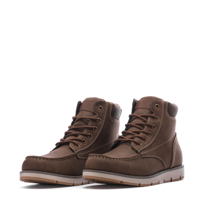 Pair of men's brown leather lace-up boots with high-top ankle collar