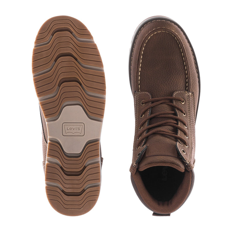 Men's boot outsole and inner view, stitched leather with Levi's logo patch