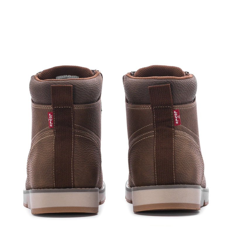 Men's brown leather high-top boots, rear view with heel tab and elastic pull