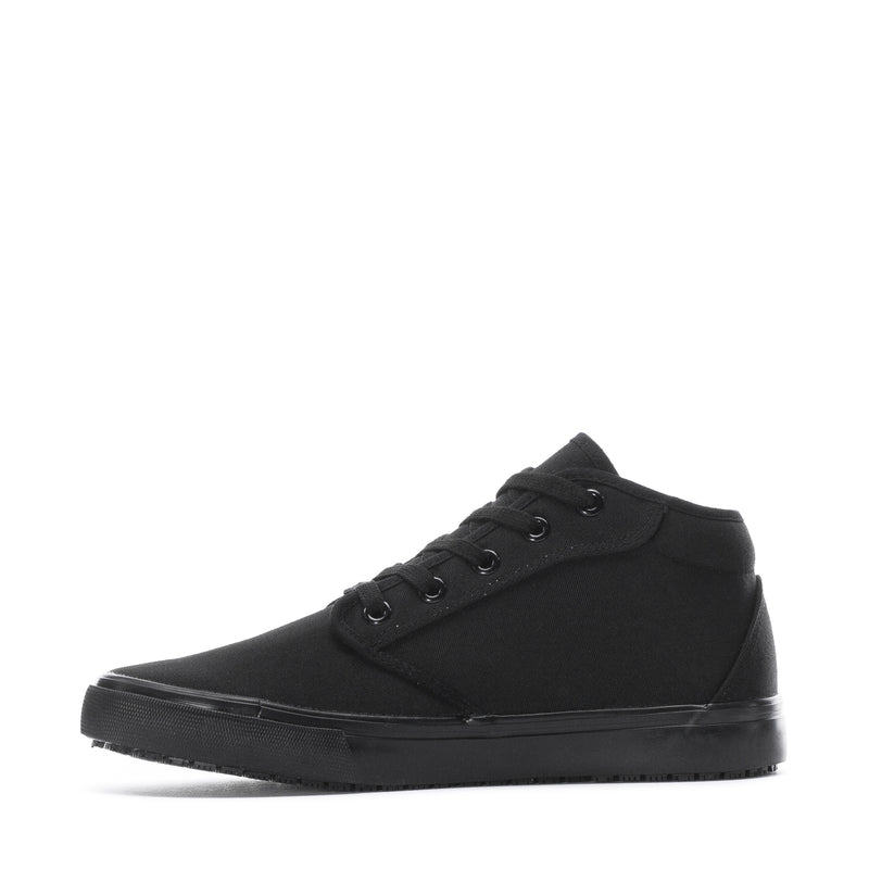 Black high-top sneaker, side view with lace eyelets and rubber toe cap